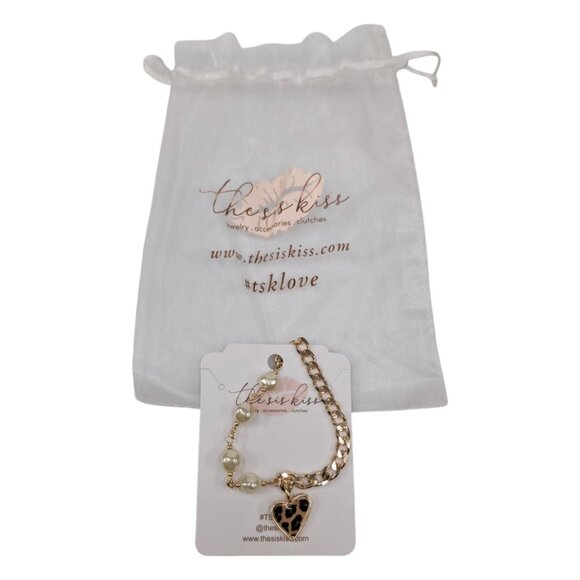 The Sis Kiss Heart Charm Bracelet Womens Tortoise Shell Gold Tone Beaded - Picture 1 of 12